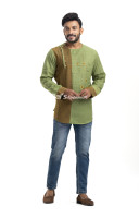 Olive Green Khadi Cotton Embroidery Worked Short Kurta With Contrast Color Checks Patch Work (KRP7)